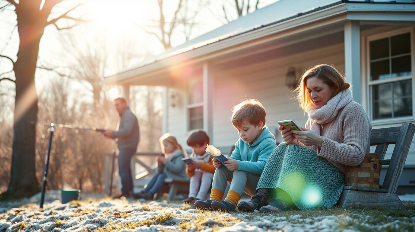 A professional photograph cinematic and dramatic in style features a family in early spring or winter. Soft pastel colors and a bright lens flare illuminate the scene where the father fishes children play and the 
