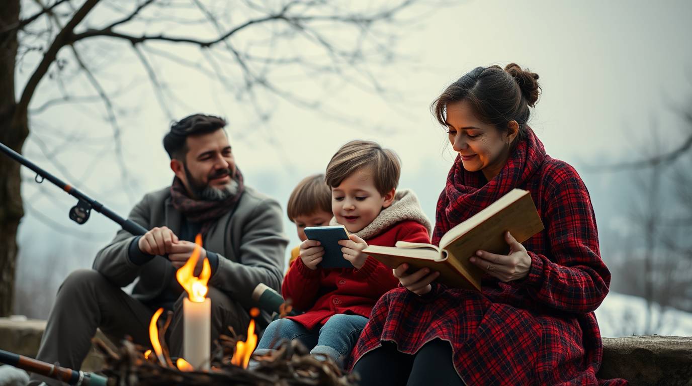 A professional photograph in a dramatic cinematic style depicting a family scene a father fishing children playing and a mother knitting or reading a book. Early spring or winter setting. Bright vibrant colors war